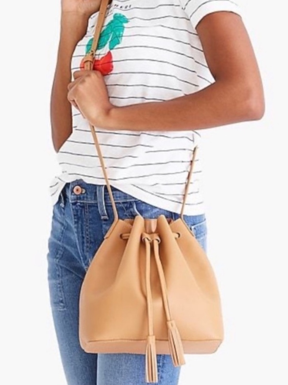 J.Crew Faux Leather Camel Bucket Bag Drawstring Tote Crossbody